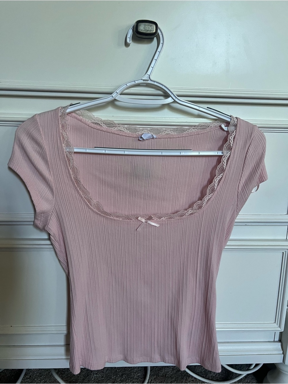 Garage Pink Ribbed Scoop Neck Lace Trim Top